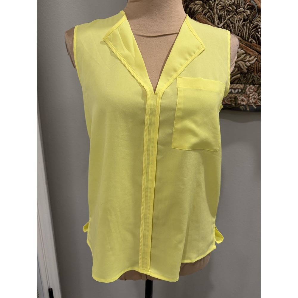 H&M Blouse Womens 6 Yellow Sleeveless V Neck Chiffon Pocket Tunic Top Casual